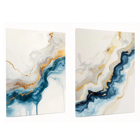 Kit de Quadros Abstratos Modernos Formas Fluidas de Azul Profundo e Ouro Metálico