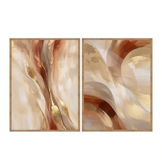 Kit de Quadros Abstratos Modernos Tons de Terracota e Dourado em Formas Fluidas
