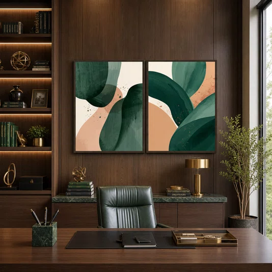 Kit de Quadros Abstratos Orgânicos Verde e Pêssego Decorativo Estilo Japandi