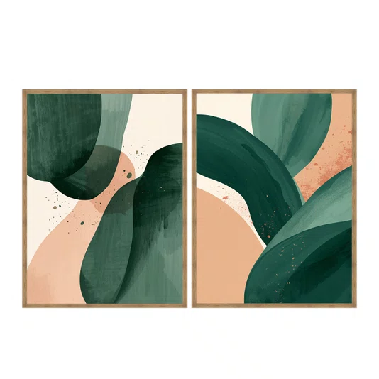 Kit de Quadros Abstratos Orgânicos Verde e Pêssego Decorativo Estilo Japandi