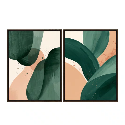 Kit de Quadros Abstratos Orgânicos Verde e Pêssego Decorativo Estilo Japandi