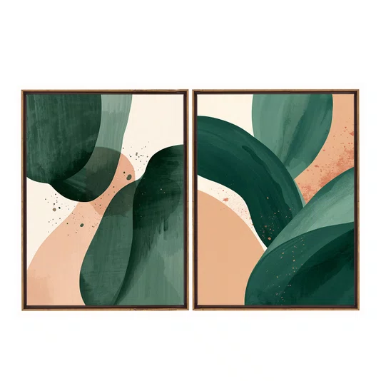 Kit de Quadros Abstratos Orgânicos Verde e Pêssego Decorativo Estilo Japandi