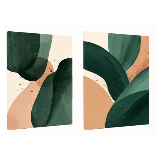 Kit de Quadros Abstratos Orgânicos Verde e Pêssego Decorativo Estilo Japandi