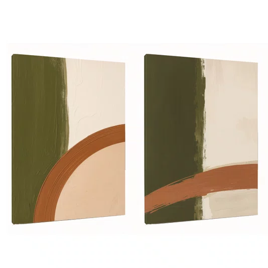Kit de Quadros Abstratos Orgânicos Verde Oliva e Terracota Efeito Texturizado