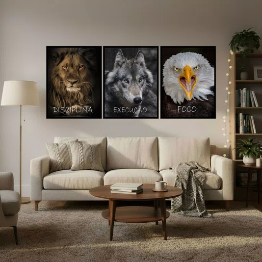 Kit de Quadros Animais Poderosos Disciplina Leão, Execução Lobo e Foco Águia