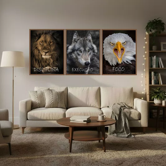 Kit de Quadros Animais Poderosos Disciplina Leão, Execução Lobo e Foco Águia