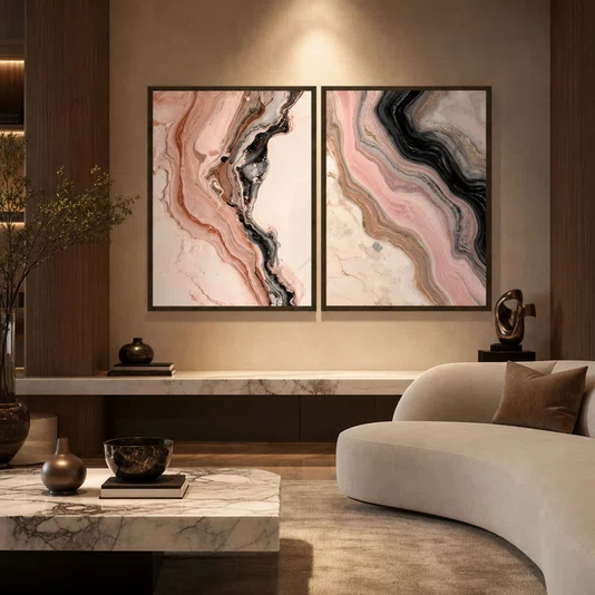Kit de Quadros Arte Abstrata Fluida Orgânica em Tons de Rosê e Preto com Cobre