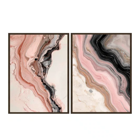 Kit de Quadros Arte Abstrata Fluida Orgânica em Tons de Rosê e Preto com Cobre