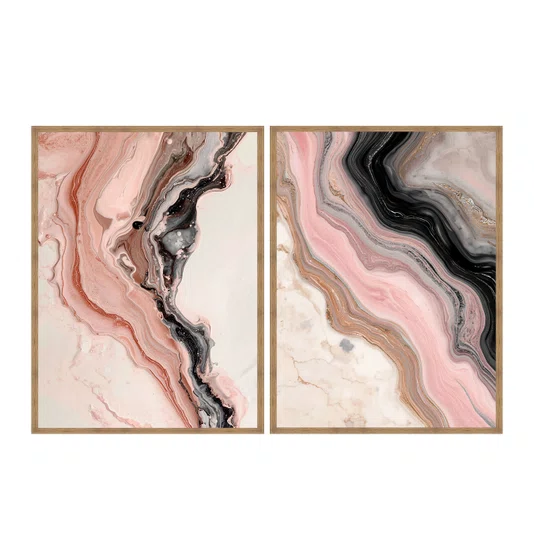 Kit de Quadros Arte Abstrata Fluida Orgânica em Tons de Rosê e Preto com Cobre