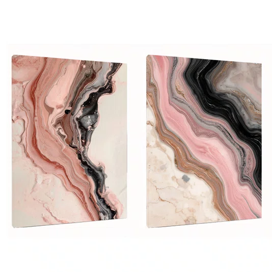 Kit de Quadros Arte Abstrata Fluida Orgânica em Tons de Rosê e Preto com Cobre