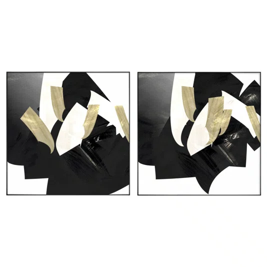 Kit de Quadros Arte Abstrata Moderna em Preto e Dourado 100x100cm Cada Quadro
