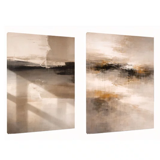 Kit de Quadros Arte Abstrata Neutra Efeito Texturizado Tons Terrosos Preto e Ocre