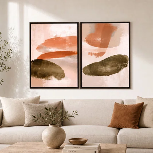 Kit de Quadros Arte Abstrata Orgânica em Tons Terrosos Verde Oliva e Terracota