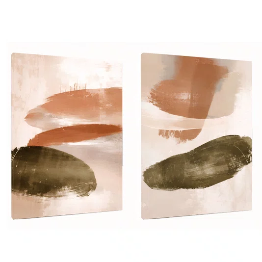 Kit de Quadros Arte Abstrata Orgânica em Tons Terrosos Verde Oliva e Terracota