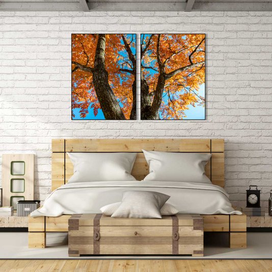 Kit de Quadros Árvore com Folhas Laranjas Kit com 2 Quadros de 60x80 cm