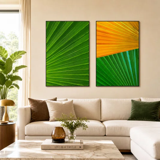 Kit de Quadros Botânicos Tropical Folhagem Verde e Amarelo 80x140 cm Cada Quadro