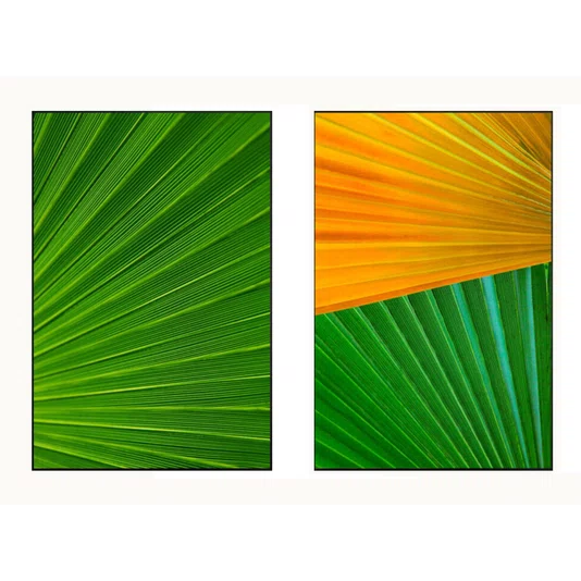 Kit de Quadros Botânicos Tropical Folhagem Verde e Amarelo 80x140 cm Cada Quadro