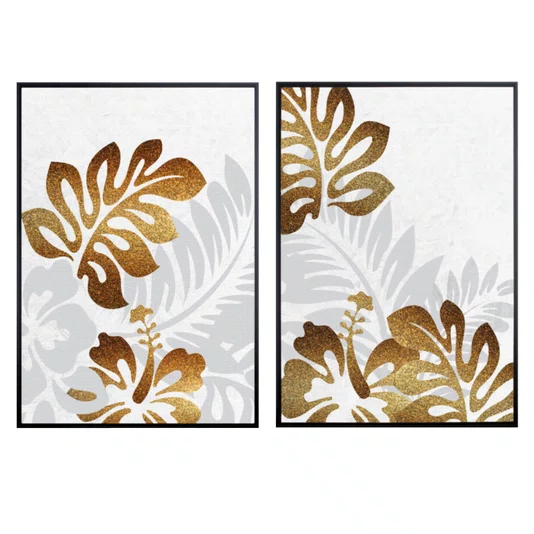 Kit de Quadros Botânicos Tropical Folhas Douradas e Cinzas 70x100cm Cada Quadro