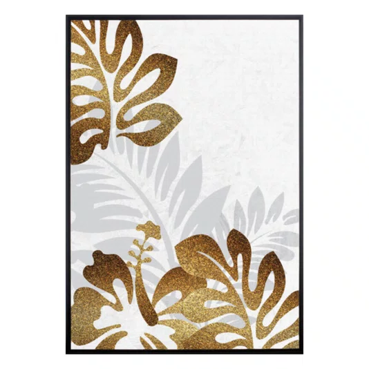 Kit de Quadros Botânicos Tropical Folhas Douradas e Cinzas 70x100cm Cada Quadro