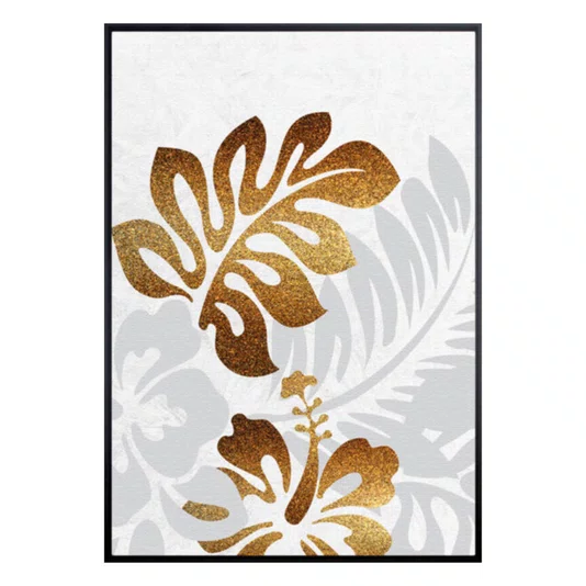 Kit de Quadros Botânicos Tropical Folhas Douradas e Cinzas 70x100cm Cada Quadro