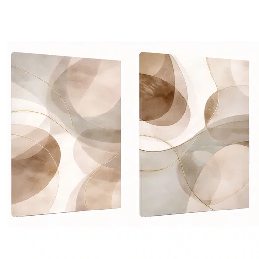 Kit de Quadros Decorativos Abstratos Neutros Linhas Douradas e Tons Terrosos