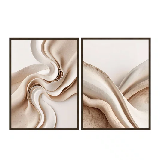 Kit de Quadros Decorativos Arte Abstrata Fluida Moderna Tons Neutros Creme e Bege