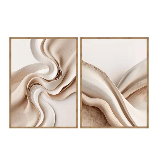 Kit de Quadros Decorativos Arte Abstrata Fluida Moderna Tons Neutros Creme e Bege