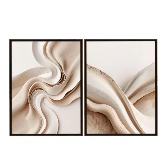 Kit de Quadros Decorativos Arte Abstrata Fluida Moderna Tons Neutros Creme e Bege