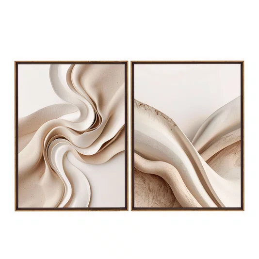 Kit de Quadros Decorativos Arte Abstrata Fluida Moderna Tons Neutros Creme e Bege