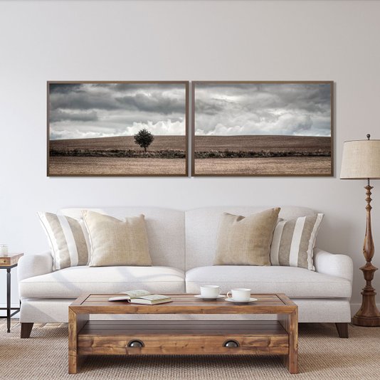 Kit de Quadros Decorativos com Moldura Marrom Paisagem Árvore Kit com 2 Quadros de 78x53cm