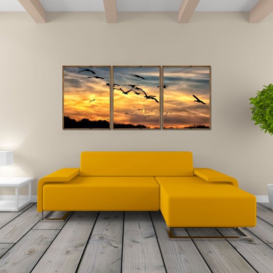 Kit de Quadros Pôr do Sol, Pássaros Kit com 3 Quadros de 60x80cm