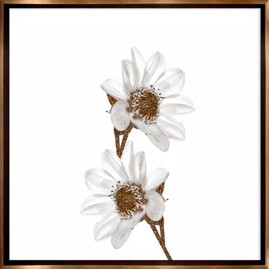 Kit de Quadros Florais Branco e Dourado Moldura Laqueada Bronze 70x70 cm Cada Quadro