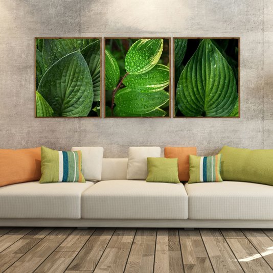 Conjunto de quadros decorativos folhagens verdes 3 peças.