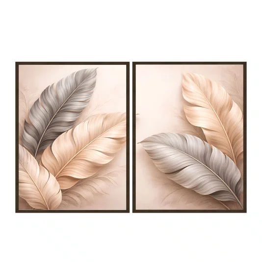 Kit de Quadros Folhas Minimalistas Bege e Cinza Prateado Elegante Sofisticado