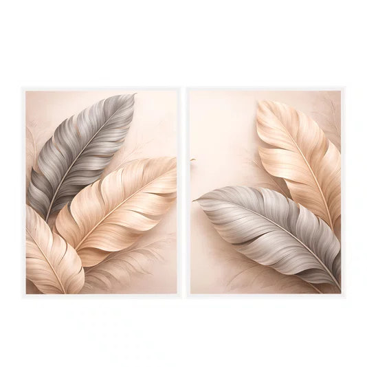 Kit de Quadros Folhas Minimalistas Bege e Cinza Prateado Elegante Sofisticado