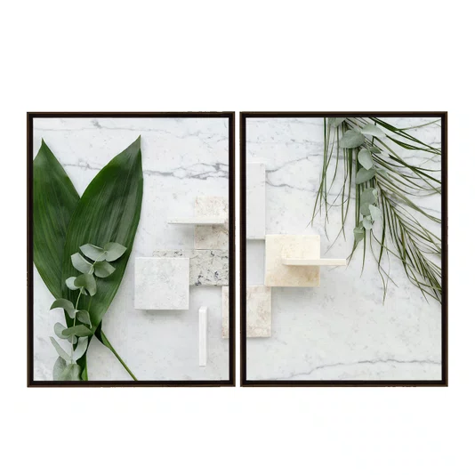 Kit de Quadros Folhas Verdes e Mármore Quartzo Decoração Minimalista de Luxo