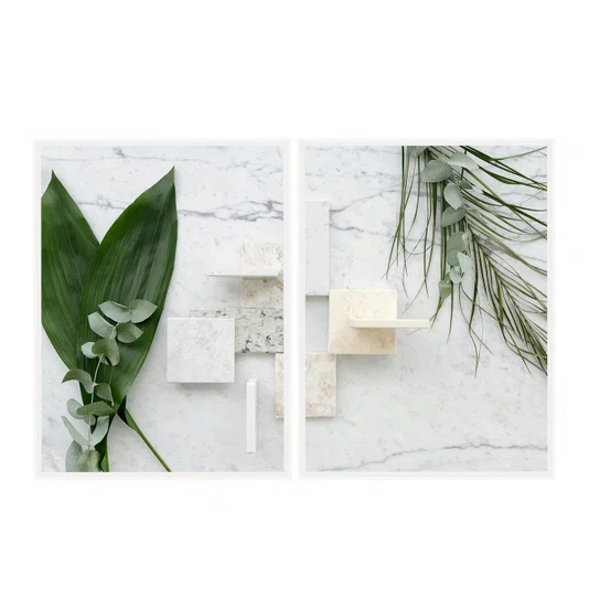 Kit de Quadros Folhas Verdes e Mármore Quartzo Decoração Minimalista de Luxo