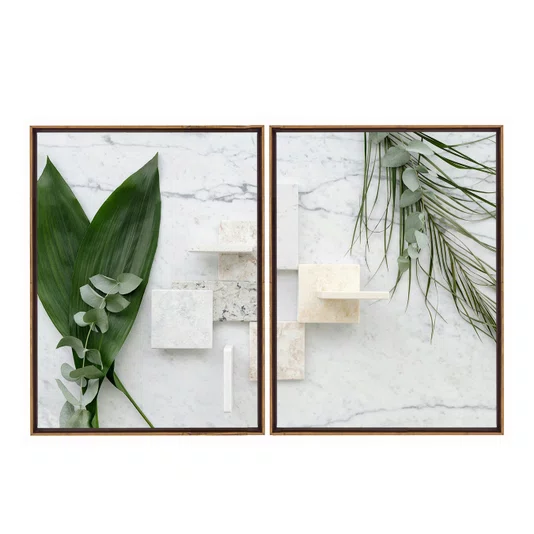 Kit de Quadros Folhas Verdes e Mármore Quartzo Decoração Minimalista de Luxo