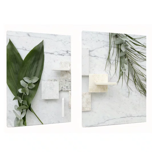 Kit de Quadros Folhas Verdes e Mármore Quartzo Decoração Minimalista de Luxo