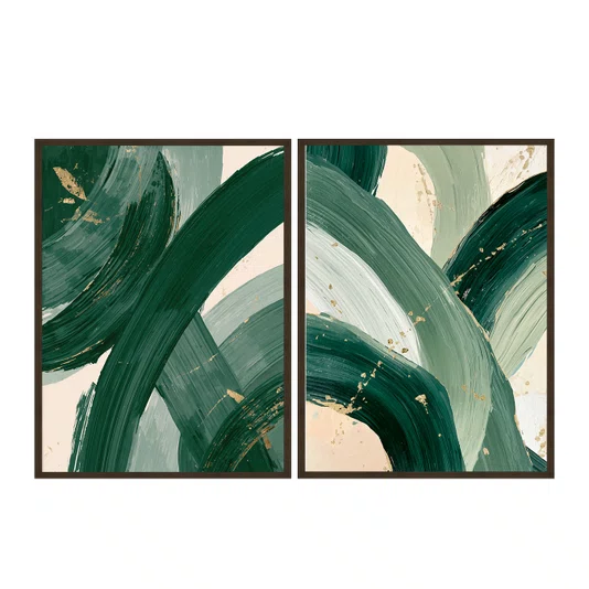 Kit de Quadros Pinceladas Abstratas Orgânicas Verde Floresta com Sálvia e Dourado