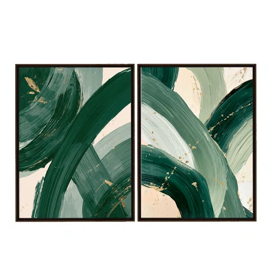 Kit de Quadros Pinceladas Abstratas Orgânicas Verde Floresta com Sálvia e Dourado