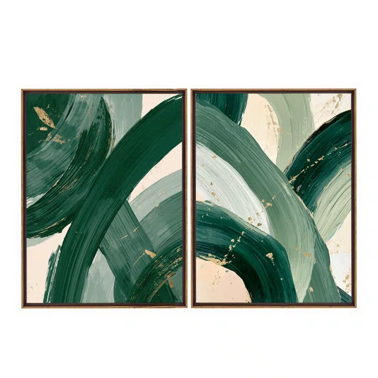 Kit de Quadros Pinceladas Abstratas Orgânicas Verde Floresta com Sálvia e Dourado