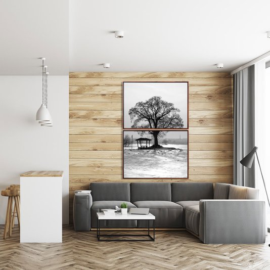 Kit de Quadros Tela Decorativa Árvore em Preto e Branco Moldura Marrom 70x110cm