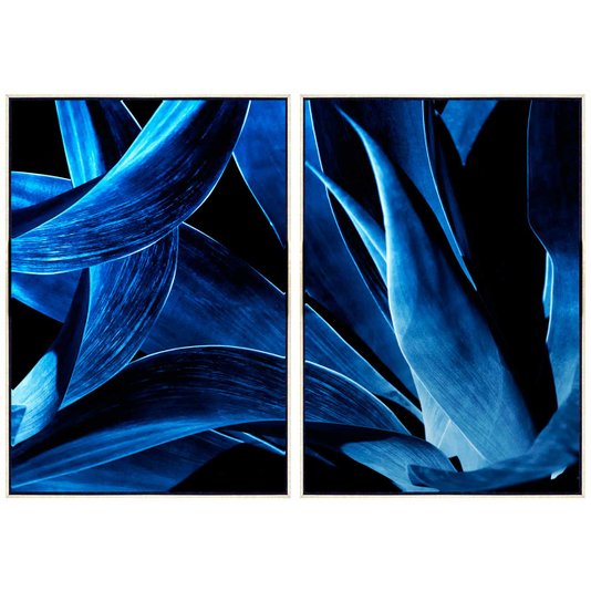 Kit de Telas Decorativas em Canvas Arte Floral Azul com Moldura Prata 150x100 cm