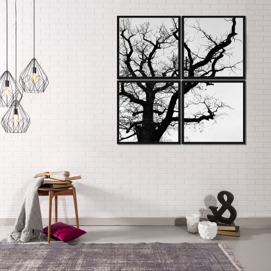 Kit Quadros Decorativos em Preto Branco Árvores Kit com 4 Quadros de 50x50cm