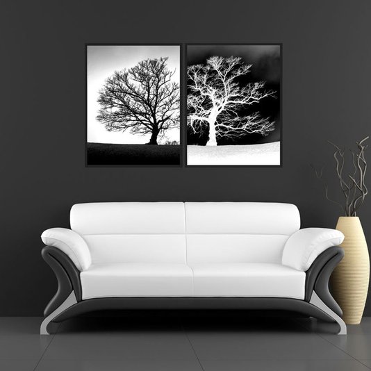 Kit Quadros em Preto e Branco Árvores Secas Positivo Negativo Par de Quadros 110x70cm