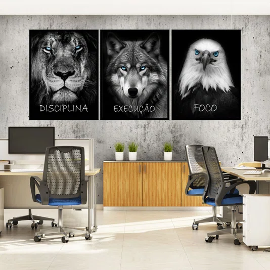 Kit Quadros Motivacionais Animais, Leão Disciplina, Lobo Execução e Águia Foco