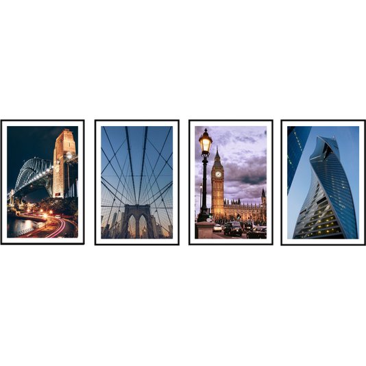 Kit de Quadros Paisagens Urbanas Kit com 4 Quadros Decorativos