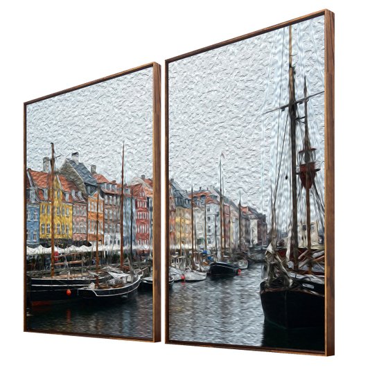Par de Quadros Arte Pintura Porto de Copenhagen Barcos 140x100cm
