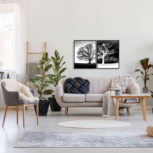 Par de Quadros em Preto e Branco Árvores Secas Positivo Negativo 90x60cm